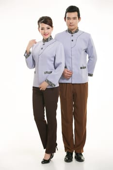 Wear clothing occupation Chinese waiters in white background