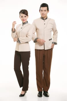 Wear clothing occupation Chinese waiters in white background
