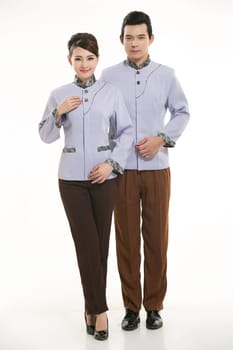 Wear clothing occupation Chinese waiters in white background