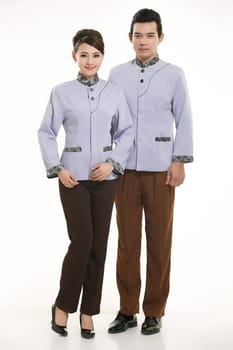 Wear clothing occupation Chinese waiters in white background