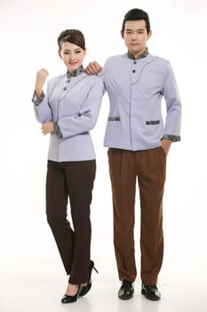 Wear clothing occupation Chinese waiters in white background