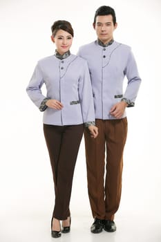 Wear clothing occupation Chinese waiters in white background