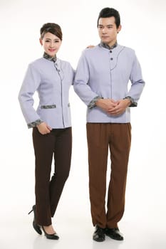 Wear clothing occupation Chinese waiters in white background