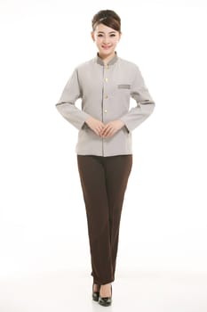 Wear clothing occupation Chinese waiters in white background
