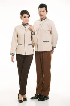 Wear clothing occupation Chinese waiters in white background