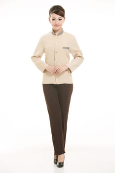 Wear clothing occupation Chinese waiters in white background