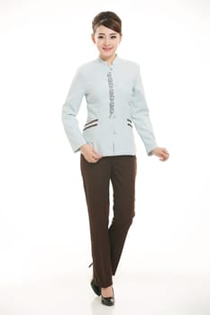 Wear clothing occupation Chinese waiters in white background