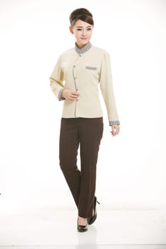Wear clothing occupation Chinese waiters in white background