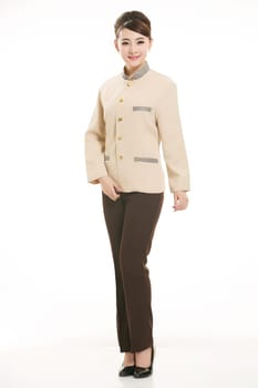 Wear clothing occupation Chinese waiters in white background