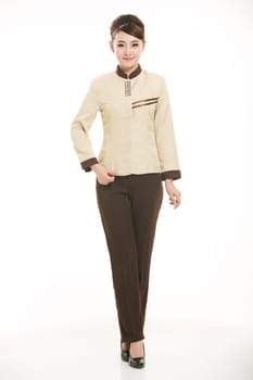 Wear clothing occupation Chinese waiters in white background