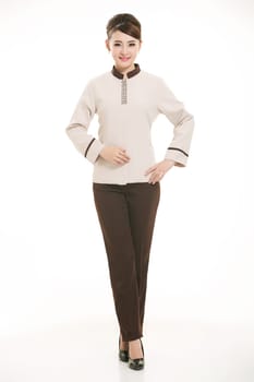 Wear clothing occupation Chinese waiters in white background
