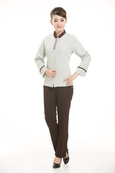 Wear clothing occupation Chinese waiters in white background