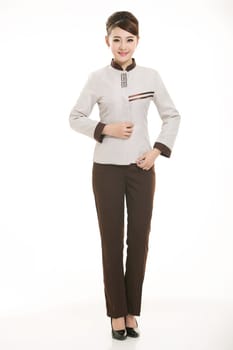 Wear clothing occupation Chinese waiters in white background