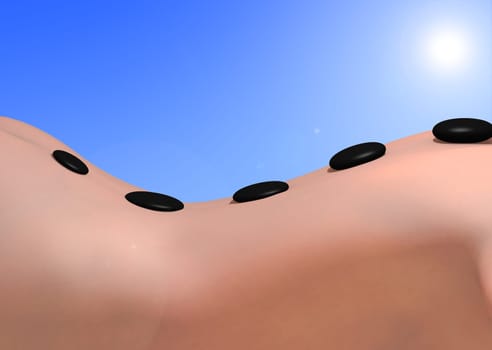 Woman's back with massage stones on a sunny blue sky, 3d concept