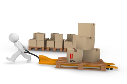 3d worker with a lifting cart carrying cardboard boxes