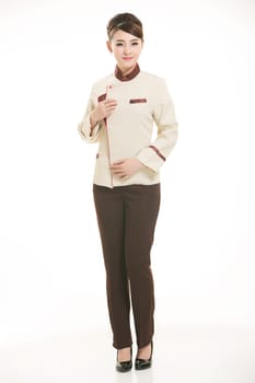 Wear clothing occupation Chinese waiters in white background