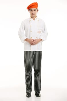 Wearing all kinds of clothing chef dietitian in front of white background