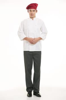 Wearing all kinds of clothing chef dietitian in front of white background