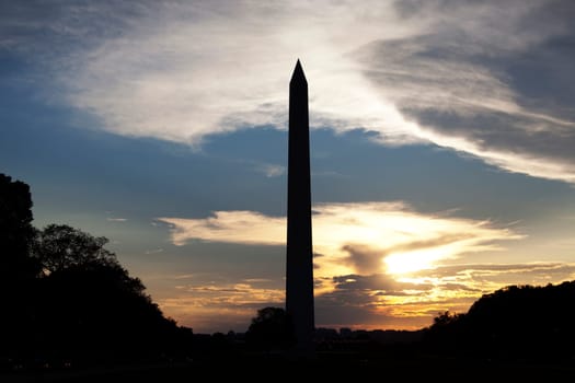 The Washington Monument silhouetted against a dramatic sky