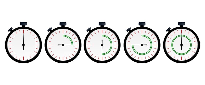 A set of sports arrow stopwatches for timing. Second hand. Mechanical watches. Determination of results. Exact time. Start and finish. Time for a sports match. Vector graphics.