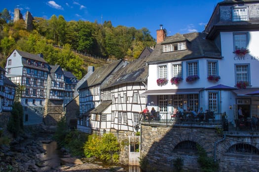 MONSCHAU, GERMANY - SEPTEMBER 22, 2020: small town Monschau with unidentified people. The historic town center has many half-timbered houses and narrow streets remained nearly unchanged for 300 years