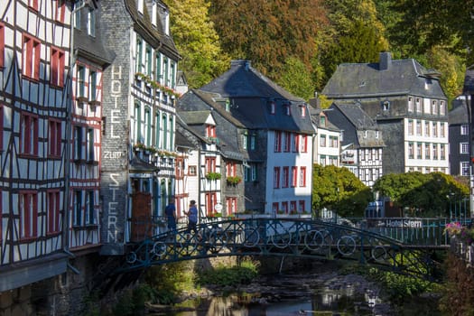 MONSCHAU, GERMANY - SEPTEMBER 22, 2020: small town Monschau with unidentified people. The historic town center has many half-timbered houses and narrow streets remained nearly unchanged for 300 years