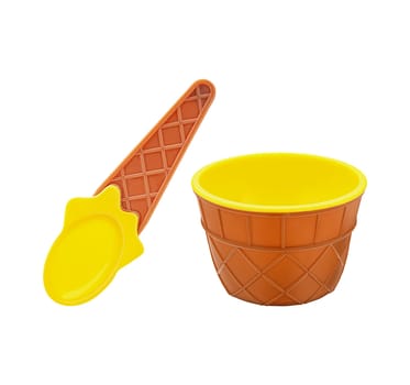 Empty open plastic cup without cover and ice cream spoon in one style isolated. Imitation waffle. Side view.