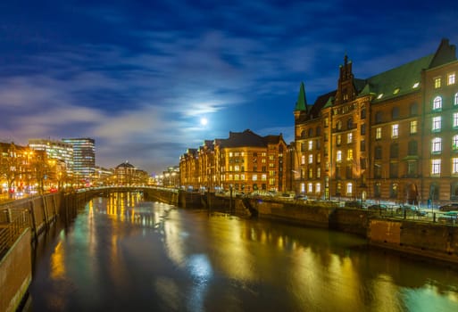 historic Speicherstadt at night in Hamburg