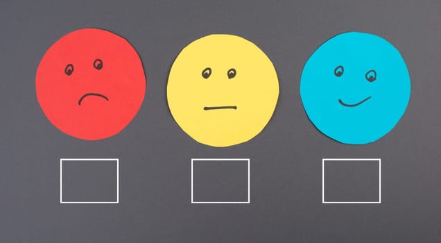 Faces with different emotions, sad, happy,business rating, empty check marks, dark grey background
