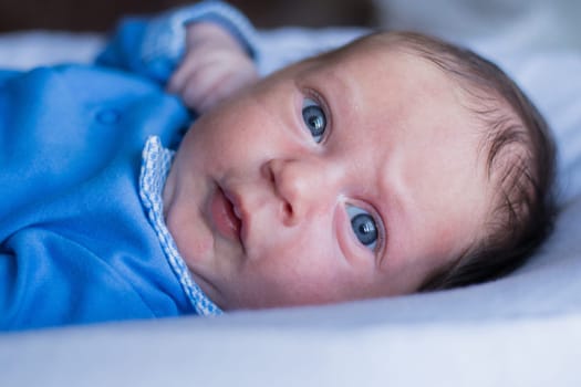 A little kid with blue eyes looks into the camera in surprise frowning eyebrows in a blue blouse. High quality photo
