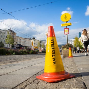 Busstop sign on main square of Linz, austria