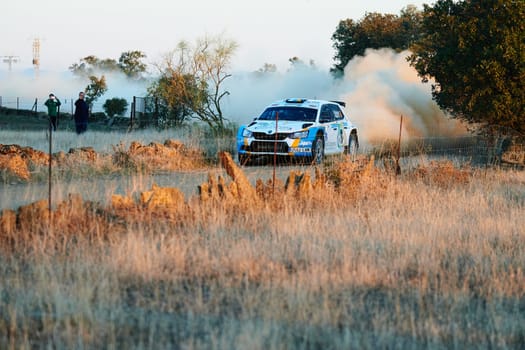 Pozoblanco, Cordoba, Spain-october, 23, 2021: rally cars in full competition going through the first stage