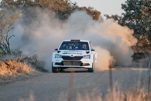 Pozoblanco, Cordoba, Spain-october, 23, 2021: rally cars in full competition going through the first stage