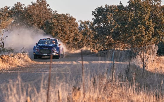 Pozoblanco, Cordoba, Spain-october, 23, 2021: rally cars in full competition going through the first stage