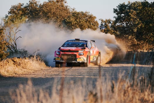 Pozoblanco, Cordoba, Spain-october, 23, 2021: rally cars in full competition going through the first stage