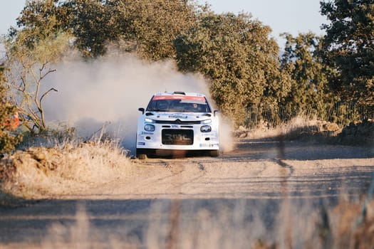 Pozoblanco, Cordoba, Spain-october, 23, 2021: rally cars in full competition going through the first stage