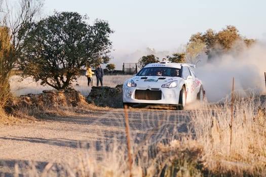 Pozoblanco, Cordoba, Spain-october, 23, 2021: rally cars in full competition going through the first stage