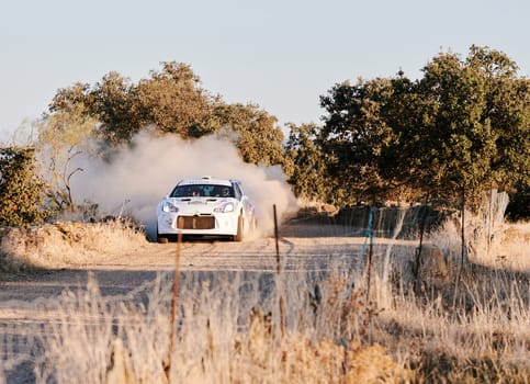 Pozoblanco, Cordoba, Spain-october, 23, 2021: rally cars in full competition going through the first stage