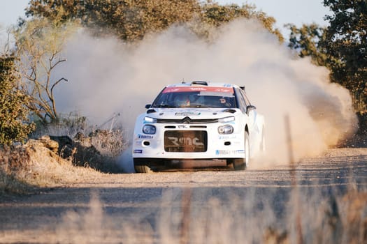 Pozoblanco, Cordoba, Spain-october, 23, 2021: rally cars in full competition going through the first stage