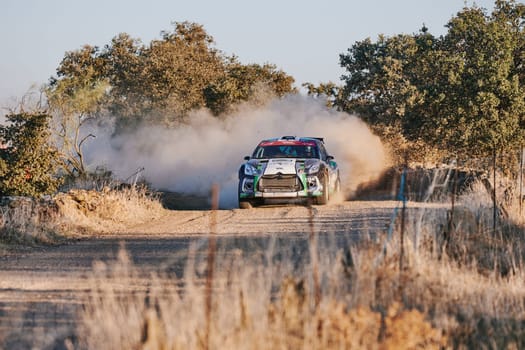 Pozoblanco, Cordoba, Spain-october, 23, 2021: rally cars in full competition going through the first stage