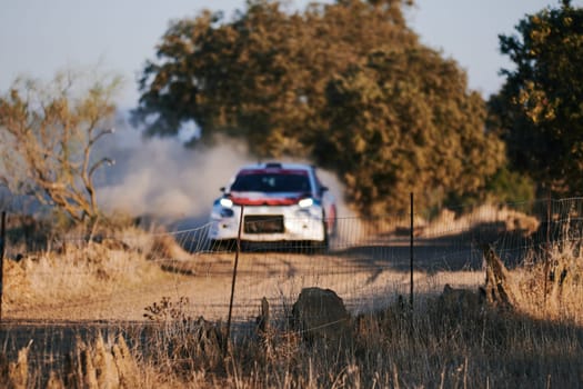 Pozoblanco, Cordoba, Spain-october, 23, 2021: rally cars in full competition going through the first stage