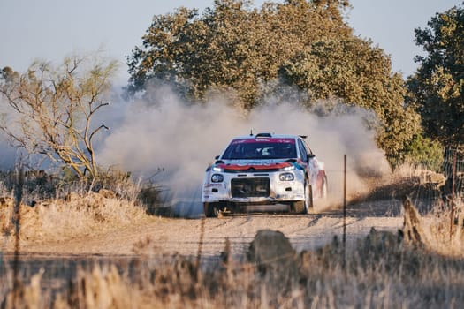 Pozoblanco, Cordoba, Spain-october, 23, 2021: rally cars in full competition going through the first stage