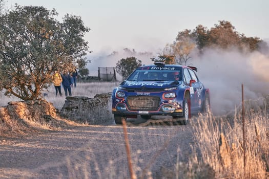 Pozoblanco, Cordoba, Spain-october, 23, 2021: rally cars in full competition going through the first stage