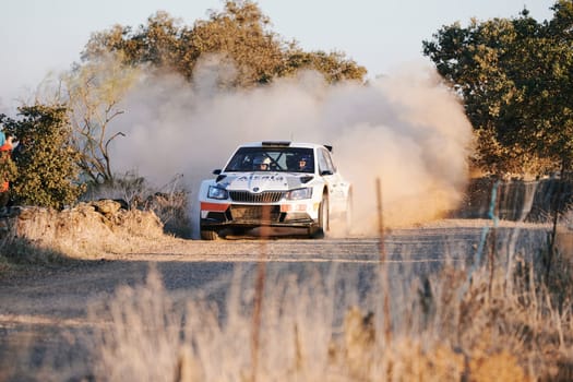 Pozoblanco, Cordoba, Spain-october, 23, 2021: rally cars in full competition going through the first stage