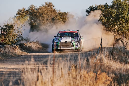 Pozoblanco, Cordoba, Spain-october, 23, 2021: rally cars in full competition going through the first stage