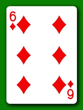 A 6 Six of Diamonds playing card with clipping path to remove background and shadow 3d illustration