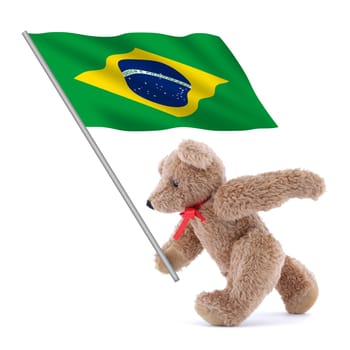 A Brazil flag being carried by a cute teddy bear