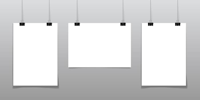 Set of 2 blank posters hanging on a thread with black clipsagainst a wall as a minimalistic style portfolio, gallery presentation concept. 3d illustration