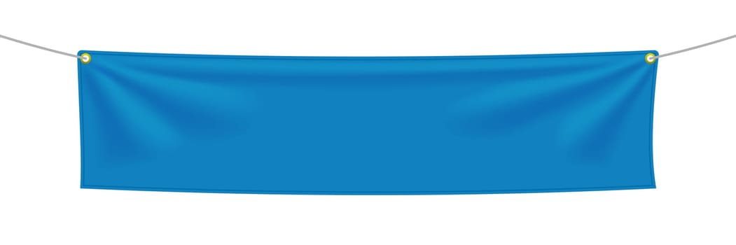 Blue textile banner with folds, isolated on white background. Blank hanging fabric template. Empty mockup. Vector illustration