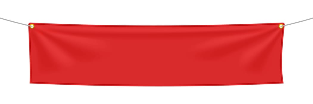Red textile banner with folds, isolated on white background. Blank hanging fabric template. Empty mockup. Vector illustration